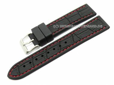 Uhrenarmband 22mm schwarz Silikon Alligator-Look rote Kontrastnaht (Schlie�enansto� 20 mm) - Bild vergr��ern 