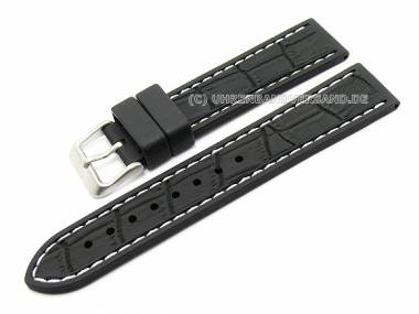 Uhrenarmband 22mm schwarz Silikon Alligator-Look wei�e Kontrastnaht (Schlie�enansto� 20 mm) - Bild vergr��ern 
