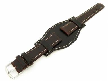 Uhrenarmband 18mm dunkelbraun Fliegerbandoptik Sattelleder helle Naht mit Lederunterlage - Bild vergr��ern 