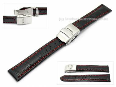 Uhrenarmband 18mm schwarz Alligator-Pr�gung rote Naht Faltschlie�e (Schlie�enansto� 18 mm) - Bild vergr��ern 