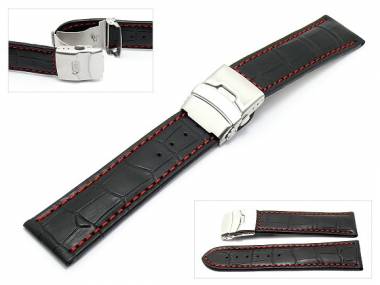Uhrenarmband 26mm schwarz rote Naht Alligator-Pr�gung Faltschlie�e (Schlie�enansto� 24 mm) - Bild vergr��ern 
