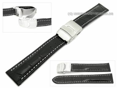 Uhrenarmband 24mm schwarz helle Naht Alligator-Pr�gung Faltschlie�e (Schlie�enansto� 22 mm) - Bild vergr��ern 