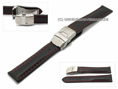 Uhrenarmband 20mm schwarz Faltschlie�e glatt rote Kontrastnaht (Schlie�enansto� 18 mm) - Bild vergr��ern 