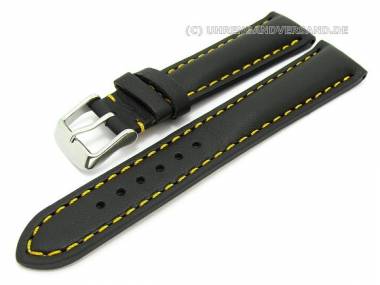 Uhrenarmband 18mm schwarz echt Leder glatt gelbe Naht mit Wulst (Schlie�enansto� 16 mm) - Bild vergr��ern 