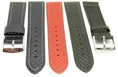 10er-Set Uhrenarmb�nder Carbon-Look 18 - 24mm schwarz, dunkelblau o. rot helle Naht - Bild vergr��ern 