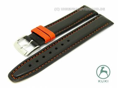 Uhrenarmband 18mm schwarz -Fun- echt Leder orangefarbene Schlaufen KUKI (Schlie�enansto� 18 mm) - Bild vergr��ern 