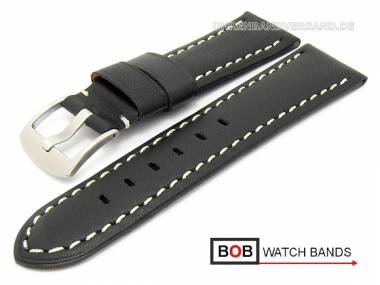 Uhrenband 22mm schwarz glatte Oberfl�che helle Kontrastnaht von BOB - Bild vergr��ern 