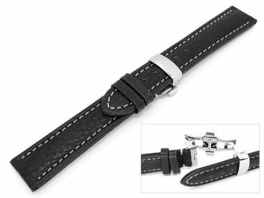 TOP: Uhrenarmband XL 24mm schwarz genarbt wei�e Naht mit Butterfly-Faltschlie�e - Bild vergr��ern 