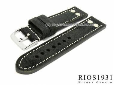 Uhrarmband -Chesterfield- 24mm schwarz RIOS mit Nieten hochwertiges Leder helle Naht - Bild vergr��ern 