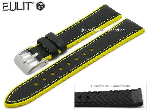 Uhrenarmband Vegas 18mm Schwarz Leder Alligator-Praegung Gelbe Naht Von RIOS