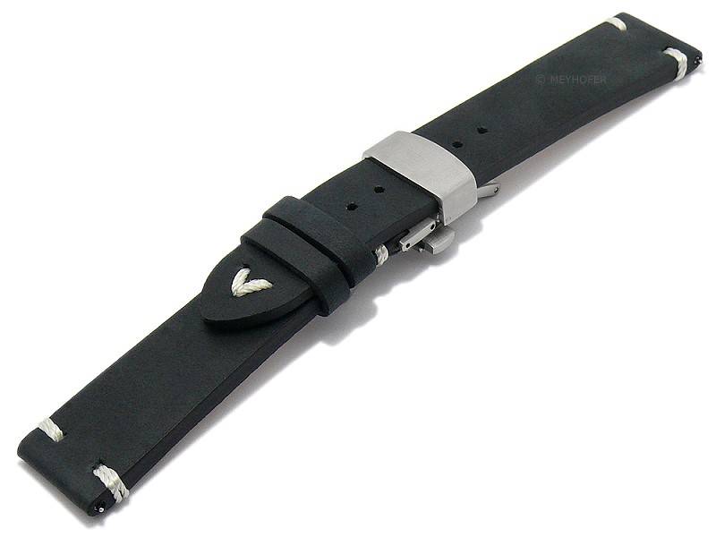 Uhrenarmband 22 Mm Schwarz Mit Weißer Naht – Kalbsleder Mit Faltschließe | Extra Weich & Hautfreundlich