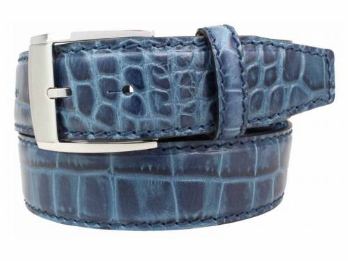 Hochwertiger Lederg�rtel MADE IN ITALY jeansblau Alligatorpr�gung - Gr��e 115 (Breite ca. 4 cm) - Bild vergr��ern 