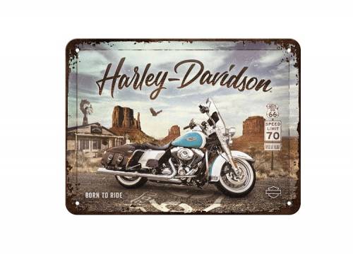 Deko-Blechschild / Retro-Reklameschild -Harley-Davidson - Route 66 Road King Classic- blau/braun 15 x 20cm Nostalgic-Art - Bild vergr��ern 