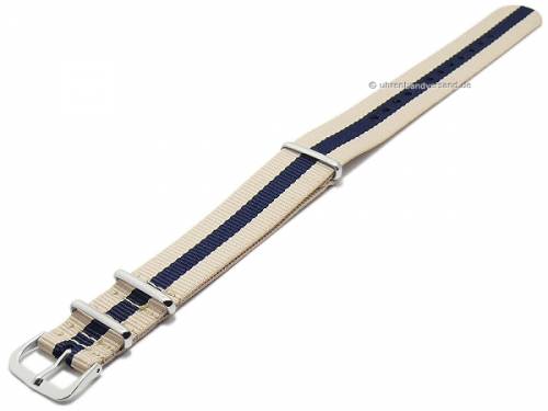 Preistipp: Uhrenarmband 18mm beige Nylon blauer Streifen zweilagiges Durchzugsband im NATO-Style - Bild vergr��ern 