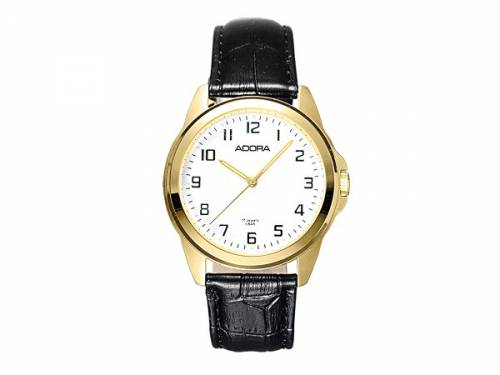 Armbanduhr Handaufzug Edelstahl goldfarben Ziffernblatt wei� mit Lederband schwarz von ADORA (*AD*HU*) - Bild vergr��ern 