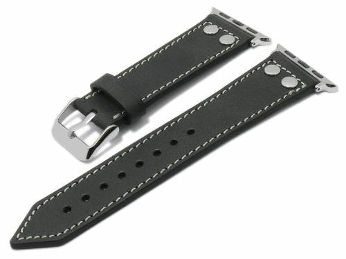 ABVERKAUF: Uhrband 22mm schwarz Leder mit APPLE-Adapter 38/40 mm 2 Nieten helle Naht von BURKLEY (Schlie�enansto� 20 mm) - Bild vergr��ern 