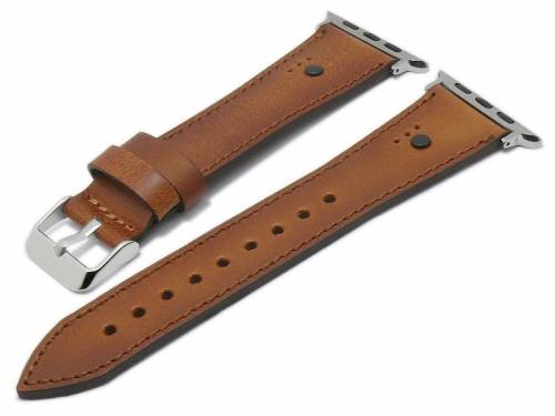 Uhrenarmband 24mm mittelbraun Leder mit APPLE-Adapter 42/44 mm eine schwarze Niete von BURKLEY (Schlie�enansto� 20 mm) - Bild vergr��ern 