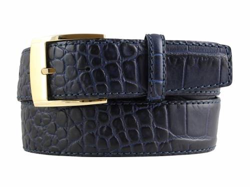 Hochwertiger Lederg�rtel MADE IN ITALY dunkelblau Alligatorpr�gung goldfarbene Schlie�e - Gr��e 105 (Breite ca. 4 cm) - Bild vergr��ern 