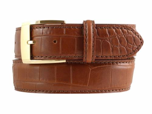 Hochwertiger Lederg�rtel MADE IN ITALY hellbraun Alligatorpr�gung goldfarbene Schlie�e - Gr��e 95 (Breite ca. 4 cm) - Bild vergr��ern 