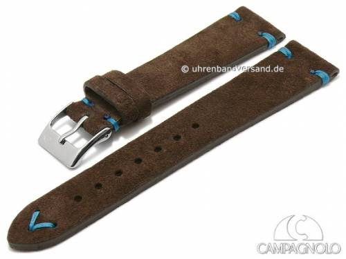 Uhrenarmband 22mm dunkelbraun Leder samtartig (Velour) blaue Naht von CAMPAGNOLO (Schlie�enansto� 18 mm) - Bild vergr��ern 