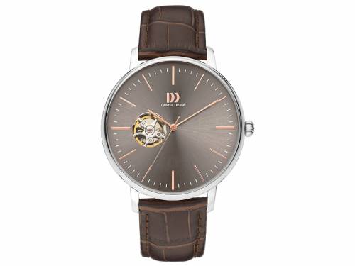 ABVERKAUF: Klassische Automatik-Herrenuhr Edelstahl Ziffernblatt grau Lederband dunkelbraun von Danish Design (*DD*HU*) - Bild vergr��ern 