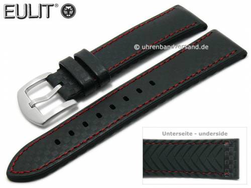 Uhrenarmband -Carbon- 24mm schwarz Leder/Silikon Karbon-Look rote Naht von EULIT (Schlie�enansto� 22 mm) - Bild vergr��ern 