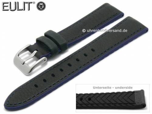 Uhrenarmband -Waterproof- 22mm schwarz-blau Leder/Silikon glatt blaue Naht von EULIT (Schlieenansto 20 mm) - Bild vergrern 