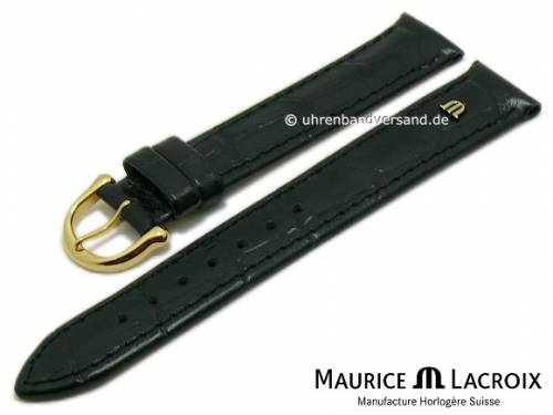 Uhrenarmband Original MAURICE LACROIX 18mm schwarz Leder Alligator-Pr�gung abgen�ht goldfarbene Dornschlie�e - Bild vergr��ern 