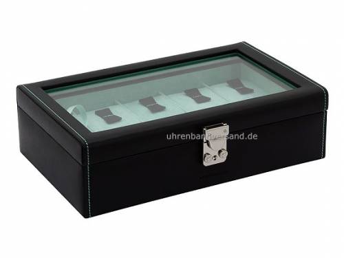 Uhrenkasten -Infinity- schwarz / t�rkis Vollrindleder mit Fenster f�r bis zu 10 Armbanduhren - Bild vergr��ern 