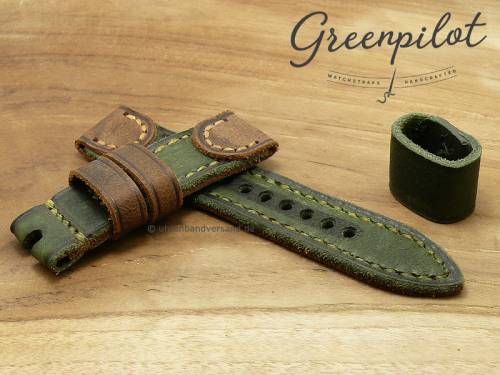 GREENPILOT Uhrenarmband handgemacht 24mm grn/hellbraun Leder Vintage-Look Made in Germany (Schlieenansto 24 mm) - Bild vergrern 