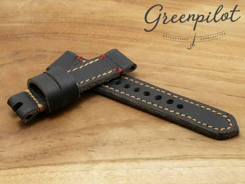 GREENPILOT Uhrenarmband handgemacht 24mm schwarz echt Wasserb�ffel Vintage-Look Made in Germany (Schlie�enansto� 22 mm) - Bild vergr��ern 