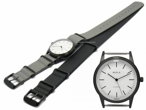 1 Automatik-Armbanduhr RUHLA + 2er-Set Uhrenarmbnder NATO BLACK DUO Leder Ziffernblatt wei  (*GD*AU*) - Bild vergrern 