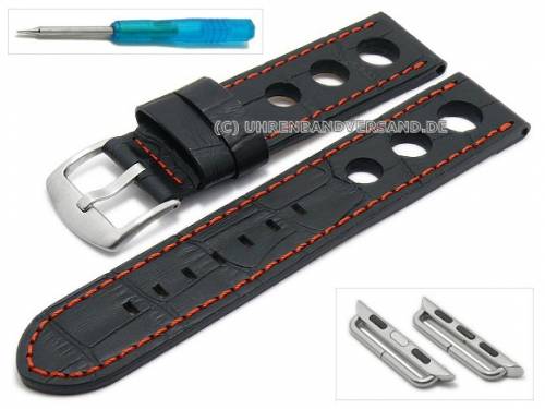 ABVERKAUF: Uhrband 22mm schwarz Leder Racing-Look orange Naht mit Adapter 38mm fr APPLE Smartwatches (Schliee 22 mm) - Bild vergrern 
