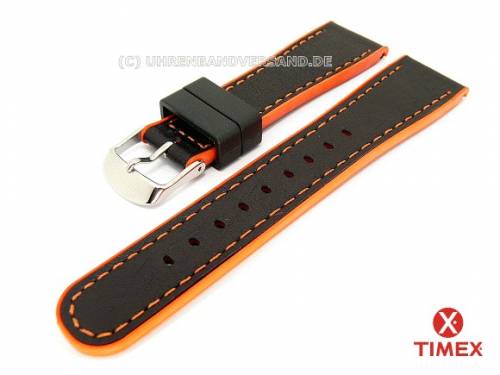 Uhrenarmband TIMEX 22mm schwarz Leder/Silikon glatt orange Naht fr T2M428 - Bild vergrern 