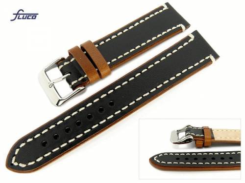 Uhrenarmband -Delta-  18mm schwarz/braun glatte Oberfl�che wei�e Naht von Fluco (Schlie�enansto� 16 mm) - Bild vergr��ern 