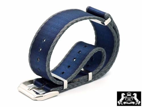 Uhrenarmband -Mariestad- 22mm dunkelblau Nylon/Textil graue Seitenkanten NATO-Style Durchzugsband SVEA-Strap HAGLUND - Bild vergr��ern 
