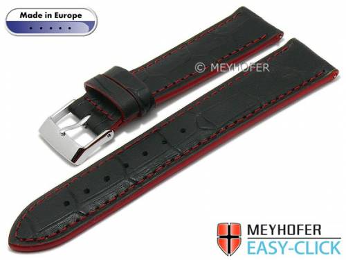 Meyhofer EASY-CLICK Uhrenarmband -Cascadia- 22mm schwarz Leder Alligator-Pr�gung rote Naht (Schlie�enansto� 20 mm) - Bild vergr��ern 