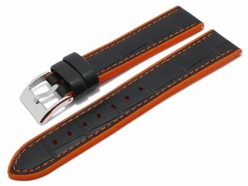 Meyhofer EASY-CLICK Uhrenarmband -Heyburn- 22mm schwarz Leder/Silikon Allig.-Pr�gung orange Naht (Schlie�enansto� 20 mm) - Bild vergr��ern 