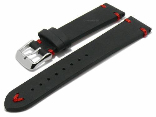 Meyhofer EASY-CLICK Uhrenarmband -Portland- 18mm schwarz Leder Vintage-Look rote Naht (Schlieenansto 16 mm) - Bild vergrern 