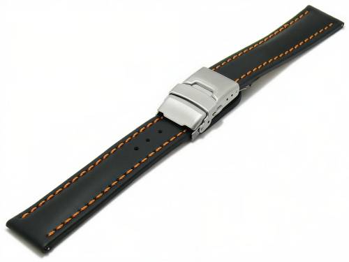 Meyhofer EASY-CLICK Uhrenarmband -Paonia Special- 18mm schwarz Leder orange Naht Faltschlie�e (Schlie�enansto� 18 mm) - Bild vergr��ern 
