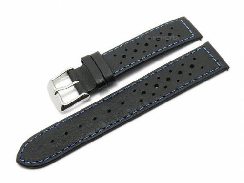 Meyhofer EASY-CLICK Uhrenarmband -Alton Special- 22mm schwarz Leder Racing-Look blaue Naht (Schlie�enansto� 20 mm) - Bild vergr��ern 