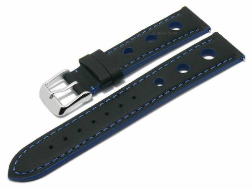 Meyhofer EASY-CLICK Uhrenarmband -Posadas- 20mm schwarz Leder Racing-Look blaue Naht (Schlie�enansto� 18 mm) - Bild vergr��ern 