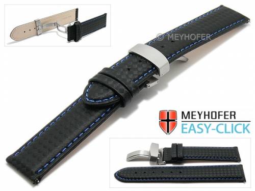 Meyhofer EASY-CLICK Uhrenarmband -Tobin- 18mm schwarz Leder Karbon-Look blaue Naht Faltschlie�e (Schlie�enansto� 18 mm) - Bild vergr��ern 