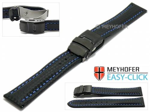 Meyhofer EASY-CLICK Uhrenarmband -Liard- 22mm schwarz Leder Karbon-Look blaue Naht Faltschlie�e (Schlie�enansto� 20 mm) - Bild vergr��ern 