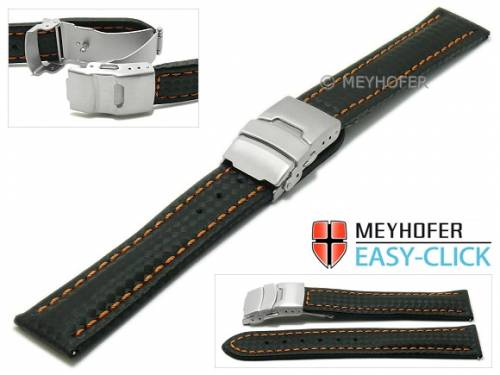 Meyhofer EASY-CLICK Uhrenarmband -Banff- 20mm schwarz Leder Karbon-Look orange Naht Faltschliee (Schlieenansto 18 mm) - Bild vergrern 