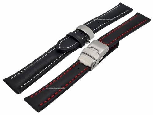 FLEXI-Lederbnder 2er-Set MIXTO-CL DUO 22mm schwarz helle/rote Naht Schnellwechsel fr Uhr+Schliee Meyhofer EASY-CLICK - Bild vergrern 