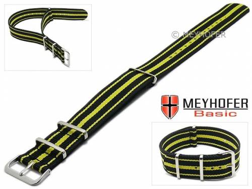 MEYHOFER Basic Uhrenarmband -Abilene- 22mm schwarz Synthetik/Textil gelbe Streifen 3 Metallschlaufen Durchzugsband - Bild vergr��ern 