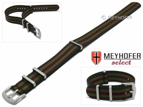 Uhrenarmband -Milburn- 22mm schwarz Synthetik/Textil rote & gr�ne Streifen 3 Metallschlaufen Durchzugsband MEYHOFER - Bild vergr��ern 