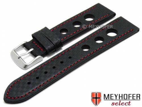 Uhrenarmband -Yonkers- 20mm schwarz Leder Racing-Look Karbon-Optik rote Naht von MEYHOFER (Schlie�enansto� 18 mm) - Bild vergr��ern 