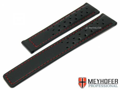 Uhrenarmband -Guernsey- 22mm schwarz Leder Racing-Look rote Naht für Faltschließe von MEYHOFER (Schließenanstoß 18 mm) - Bild vergrößern 